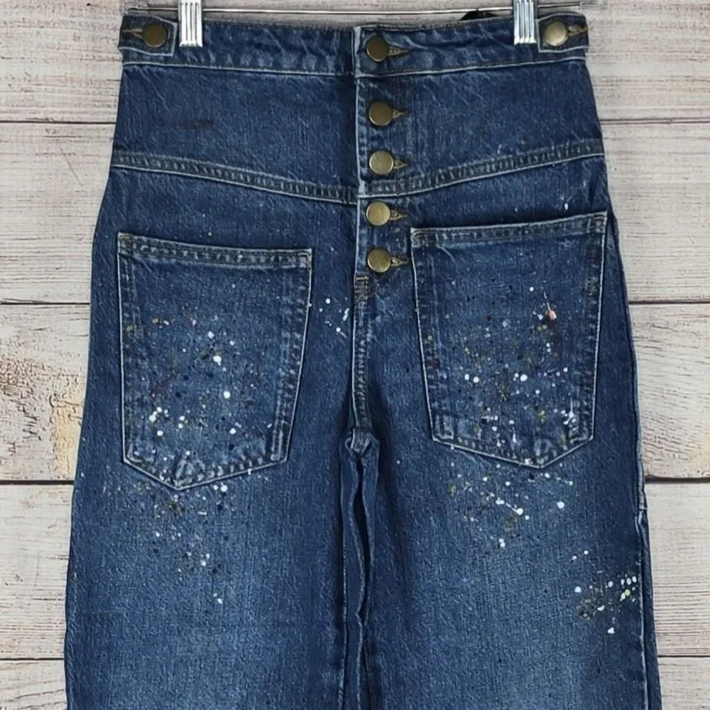 Zara Paint Splatter High Rise Cropped Painter Wide Leg Jeans Size 0 NWT - Picture 3 of 10